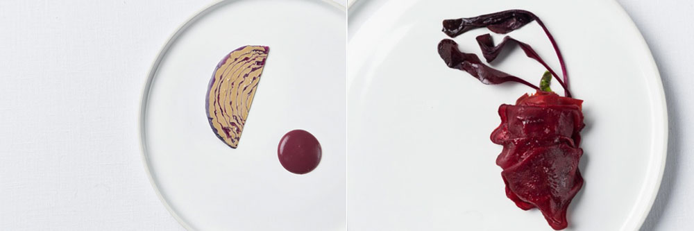 Gauche : Foie gras et chou rouge / Droite : Foie gras et betterave.