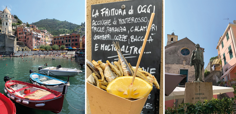 A gauche, Vernazza vu des rocher - Au centre, les fameux cornets de poissons frits - A droite, Corniglia 