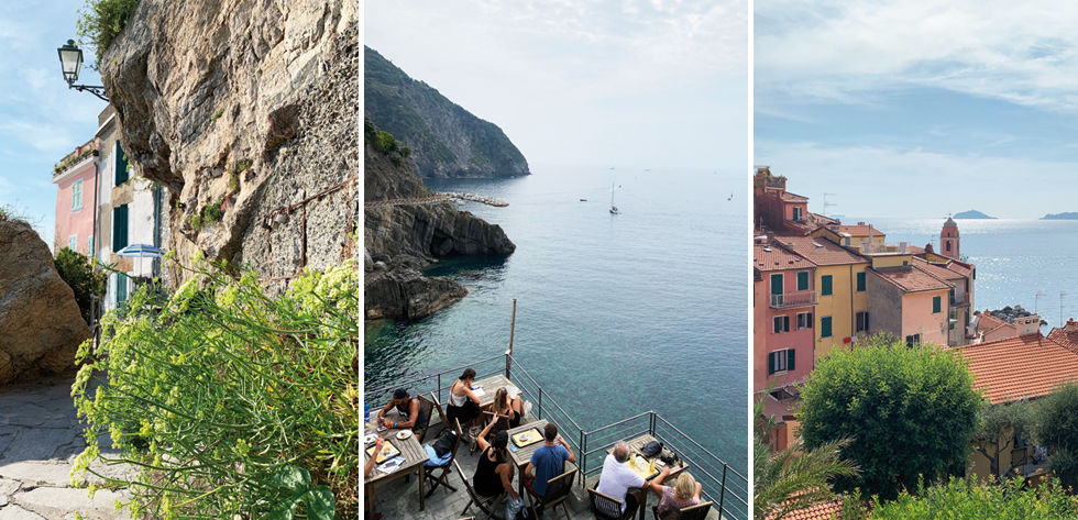 A gauche et à droite, le beau village de Tellaro - Au centre, une terrasse de bar à Riomaggiore. 